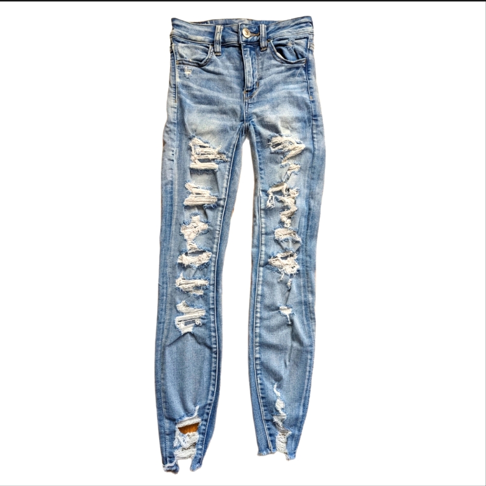 American Eagle High Rise Super Distressed Next Level Stretch Jegging Jeans
